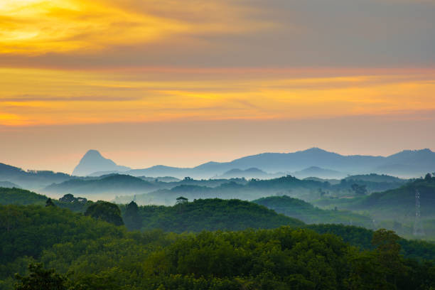 aussichtspunkt samed nang chee landmark im andamanenmeer und phangnga thailand auf dem wald zwischen den tälern bei sonnenaufgang am morgen wenn der himmel golden ist - samed stock-fotos und bilder