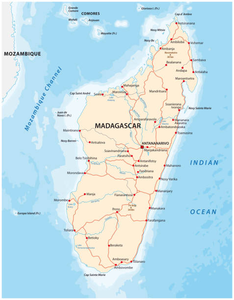 Republic of Madagascar road vector map Republic of Madagascar road vector map mozambique channel stock illustrations