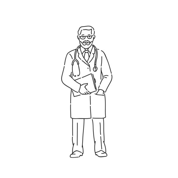 Doctor man in professional uniform. Line art style character vector black white isolated illustration. Doctor man in professional uniform. Line art style character vector black white isolated illustration doctor drawings stock illustrations