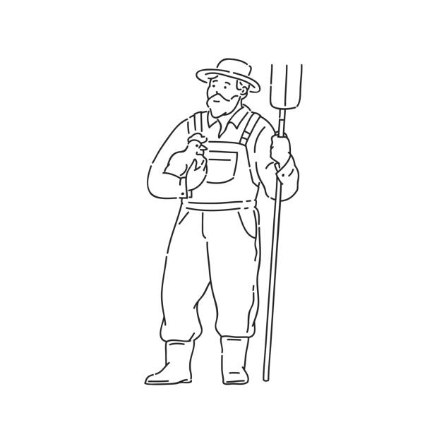 Farmer man with chicken and fork in hand. Line art style character vector black white isolated illustration. Farmer man with chicken and fork in hand. Line art style character vector black white isolated illustration farmer drawings stock illustrations