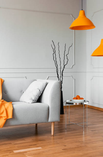 istock Branches, silver coffee table and sofa in a living room interior. Real photo 1143980749