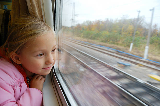 istock Little girl looking through the train window 114398260