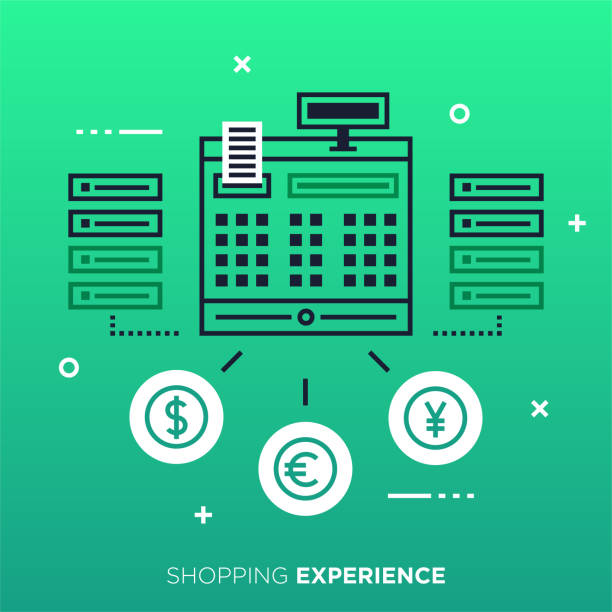 sklep zakupy & e-commerce doświadczenie zarys vector graficzny concept - cash register e commerce technology shopping cart stock illustrations
