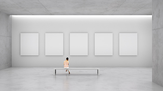 Five blank canvases on display in the gallery, copy space. The figure is a 3D model.