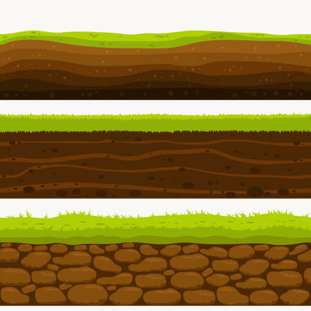 Soil Seamless layers ground layer. Stones and grass on dirts. Vector Soil Seamless layers. Landscapes of the earth. Layered dirt clay, ground layer with stones and grass on dirts, cliff texture, underground buried rock. The earth and green meadow. Set of realistic landscapes. vector. land feature stock illustrations