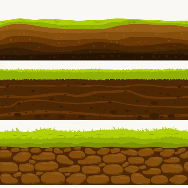 Vector illustration of Soil Seamless layers ground layer. Stones and grass on dirts. Vector
