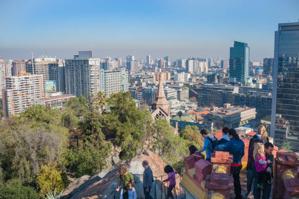Group young tourists at Castle Hildago on Santa Lucia hill overlooking city skyline Santiago Chile in June 2012