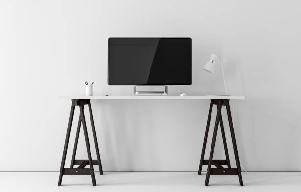istock Modern Desktop Computer Monitor Mockup on white beautiful table in office 1143997957