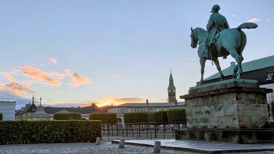 statue of the King Christian IX att sunrise Copenhagen Denmark