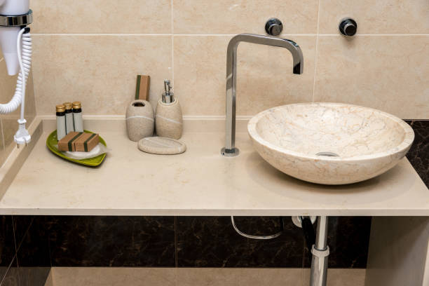 istock Modern bathroom, sink with faucet, soap and others 1144000803