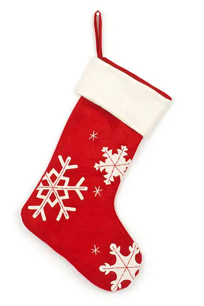 Photo of Christmas stocking with shadow on white background