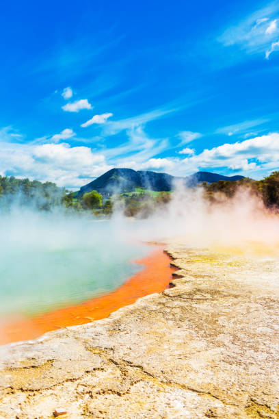 Geothermal pools in Wai-O-Tapu park, Rotorua, New Zealand. Vertical stock photo