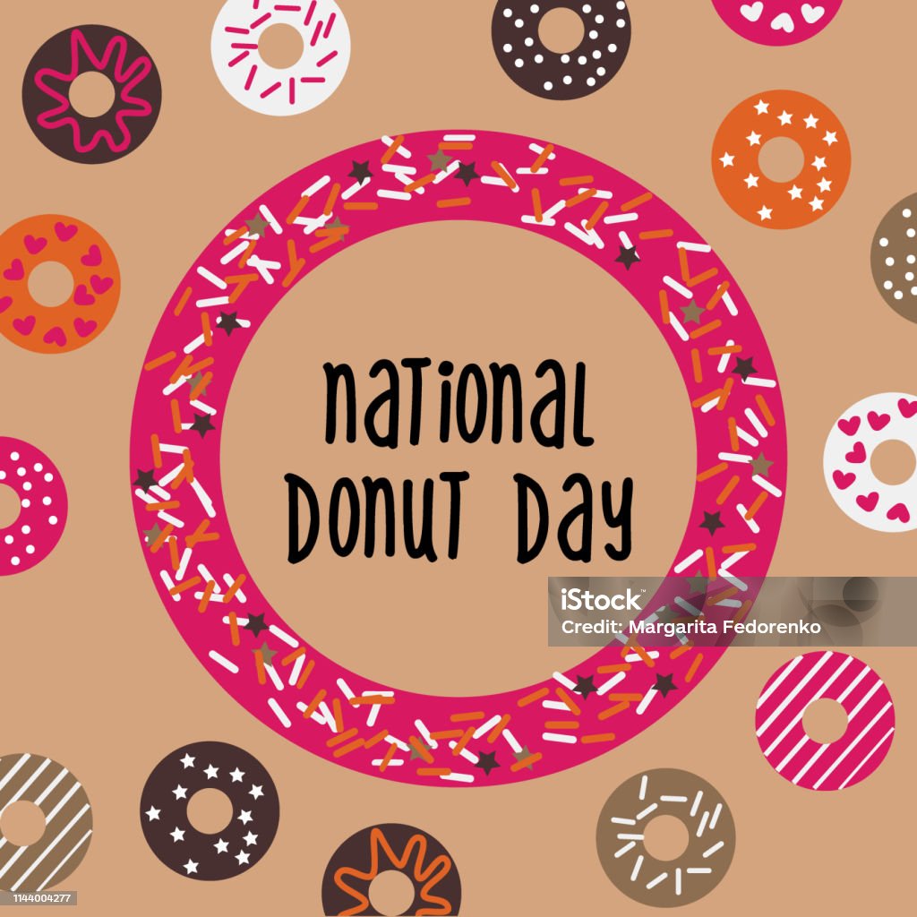 Carte de voeux nationale Donut Day, affiche, bannière. USA fond traditionnel américain de vacances avec le cadre et le modèle de beignet. Illustration vectorielle - clipart vectoriel de Beignet libre de droits