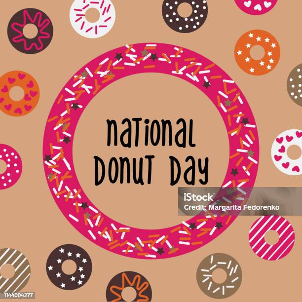 Carte De Voeux Nationale Donut Day Affiche Bannière Usa Fond Traditionnel Américain De Vacances Avec Le Cadre Et Le Modèle De Beignet Illustration Vectorielle Vecteurs libres de droits et plus d'images vectorielles de Beignet