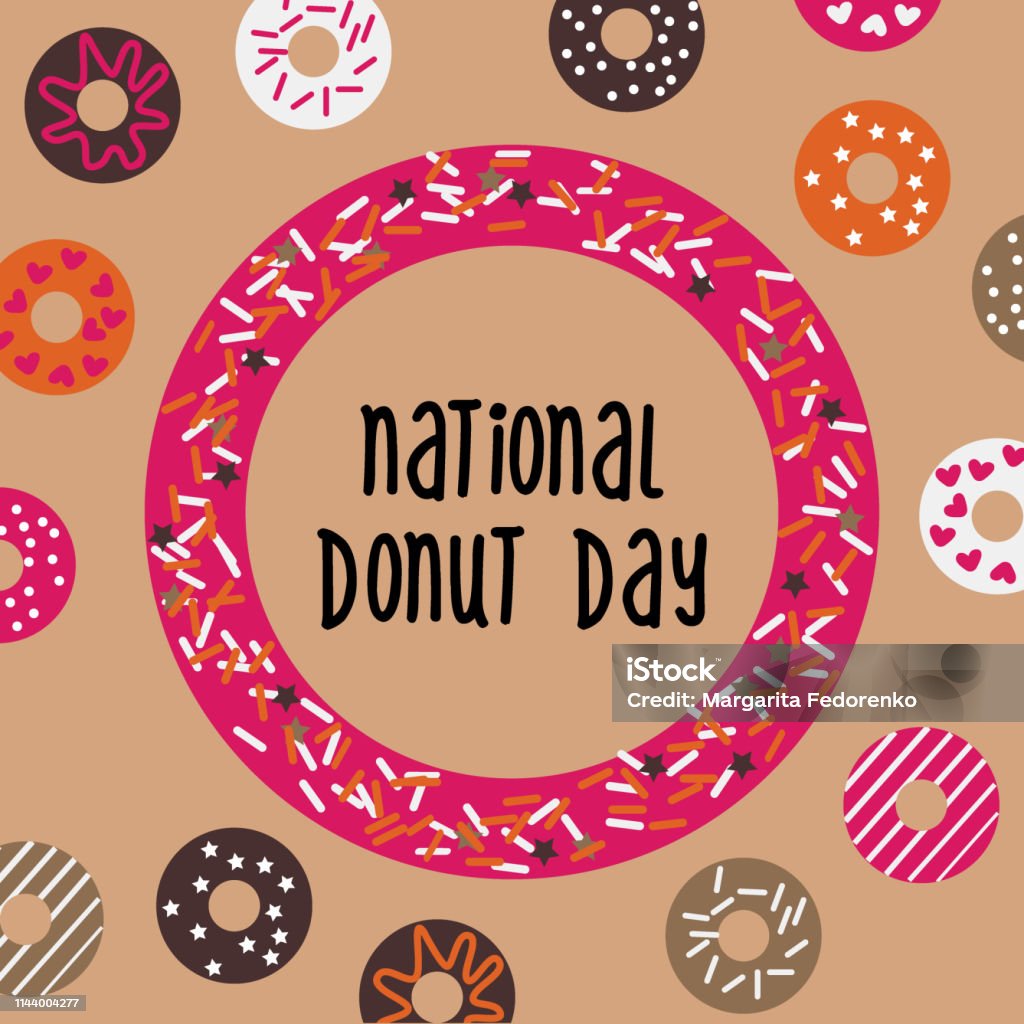 National Donut Day greeting card, poster, banner. USA american traditional holiday background with doughnut frame and pattern. Vector illustration National Donut Day greeting card, poster, banner. USA american traditional holiday background with doughnut frame and pattern. Vector illustration. Doughnut stock vector