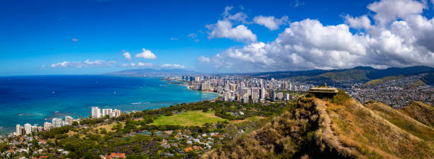 istock Honolulu Panorama with Blue Sky Taken from Diamond Head State Park - Wide 1144005682