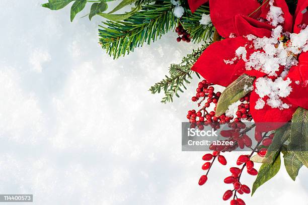 Bicodepapagaio E Berry Natal Em Fundo De Neve Coroa De Flores - Fotografias de stock e mais imagens de Bico-de-papagaio
