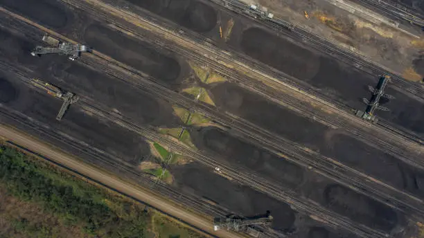 Aerial view large bucket wheel excavators in a lignite mine.