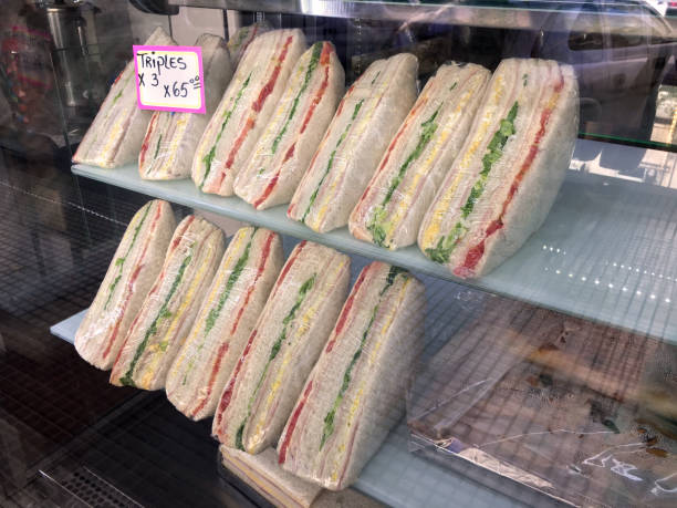 Buenos Aires, Argentina - April 7, 2019: Sandwiches of bread without crust for sale in local bakery. This are a tradition in the city and people eat them as snacks at every hour as well as for lunch