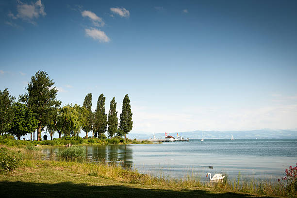 Tranquil panoramic scene across the shimmering waters of Lake Constance (Bodensee) toward the historic city of Konstanz, Germany, during the 2000s. A lone kayaker paddles near the foreground, while a small motorboat glides in the distance.
