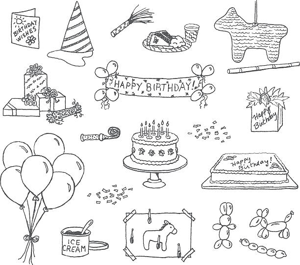 stockillustraties, clipart, cartoons en iconen met birthday doodles - verjaardagsspellen