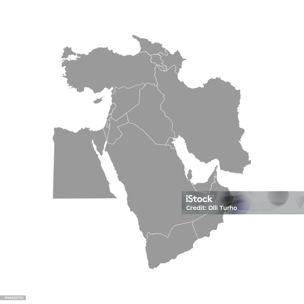 Vector illustration with simplified map of Asian countries. Middle East. States borders of Turkey, Georgia, Armenia Vector illustration with simplified map of Asian countries. Middle East. States borders of Turkey, Georgia, Armenia, United Arab Emirates, Saudi Arabia, Qatar, Oman, Iran, Israel. Grey silhouette Map stock vector