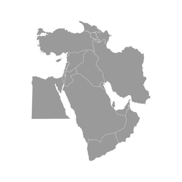 Vector illustration with simplified map of Asian countries. Middle East. States borders of Turkey, Georgia, Armenia Vector illustration with simplified map of Asian countries. Middle East. States borders of Turkey, Georgia, Armenia, United Arab Emirates, Saudi Arabia, Qatar, Oman, Iran, Israel. Grey silhouette persian gulf countries stock illustrations