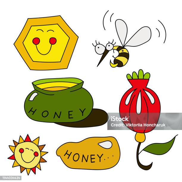 Con ong hoạt hình dễ thương với hình minh họa mật ong và mặt trời có sẵn -