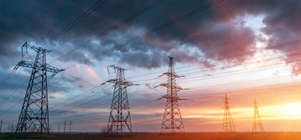 istock Electrical substation silhouette on the dramatic sunset background 1144034484