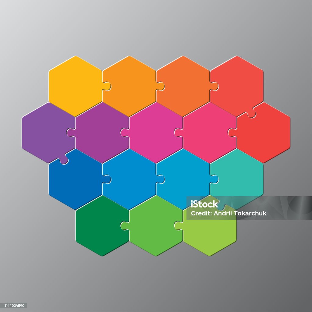 Sixteen piece puzzle jigsaw hexagonal info graphic Sixteen pieces puzzle hexagonal diagram. Hexagon business presentation infographic. 16 steps, parts, pieces of process diagram. Section compare banner. Jigsaw puzzle info graphic. Marketing strategy. Number 16 stock vector