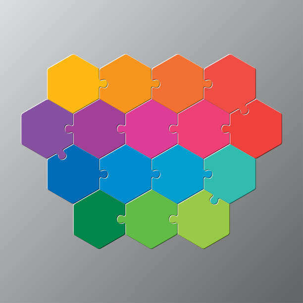 Sixteen piece puzzle jigsaw hexagonal info graphic Sixteen pieces puzzle hexagonal diagram. Hexagon business presentation infographic. 16 steps, parts, pieces of process diagram. Section compare banner. Jigsaw puzzle info graphic. Marketing strategy. number 16 stock illustrations