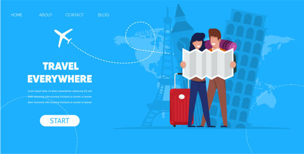 Cartoon Man and Woman with Map and Suitcase Travel Everywhere Concept. Cartoon Man Woman with Map Suitcase Bag Vector Illustration. Famous Europe Monuments Eiffel Tower Paris London Pizza Background. Buy Flight Ticket Online App journey map powerpoint stock illustrations