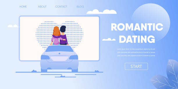 Couple Sit on Car Watching Movie at Parking Lot Romantic Dating Concept. Love Couple Boyfriend Girlfriend Sit on Car Watching Movie at Parking Lot. Open Air Drive In Theatre Vector Cartoon Illustration. First Date Romantic Night Outdoors movie-theater-exterior stock illustrations