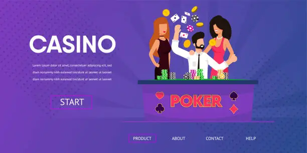 Vector illustration of Lucky Man Win Money Happy Woman near Casino Table