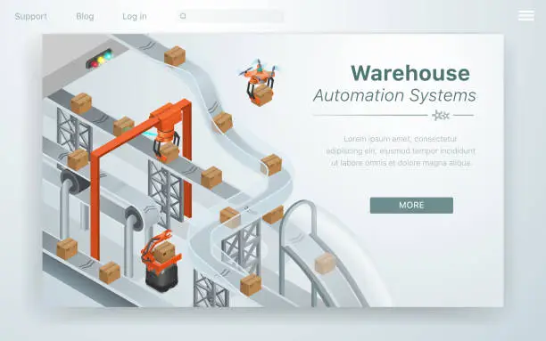 Vector illustration of Cartoon Illustration Warehouse Automation System.