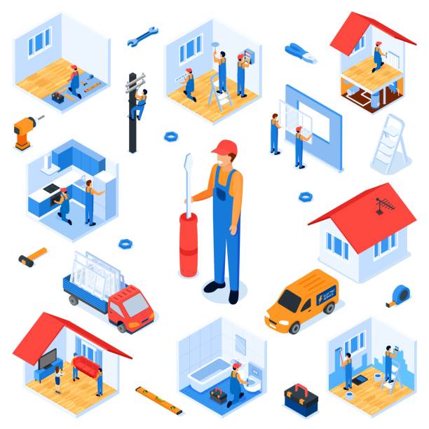 Set Turnkey Apartment Renovation Isometric Flat. Set Turnkey Apartment Renovation Isometric Flat. Repair Service Prepares Room for Repair. Dismantling Old Finish, Elimination Defects, Repair Problem Areas. Vector Illustration White Background. switching places illustrations stock illustrations