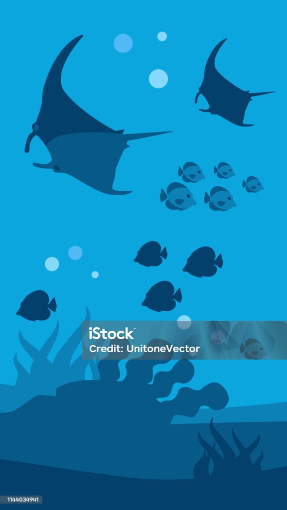 Underwater World Banner Flat Seascape Panorama Underwater World Vertical Blue Banner for Mobile Application Flat Wallpaper Seascape Panorama with Silhouettes of Swimming School of Fish and Manta Rays Vector Marine Living Illustration Manta Ray stock vector