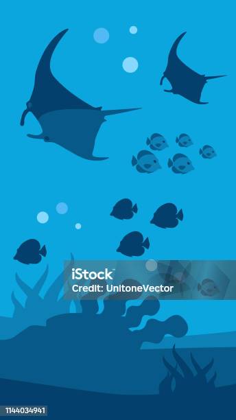 Underwater World Banner Flat Seascape Panorama Stock Illustration - Download Image Now - Manta Ray, Seaweed, Alertness