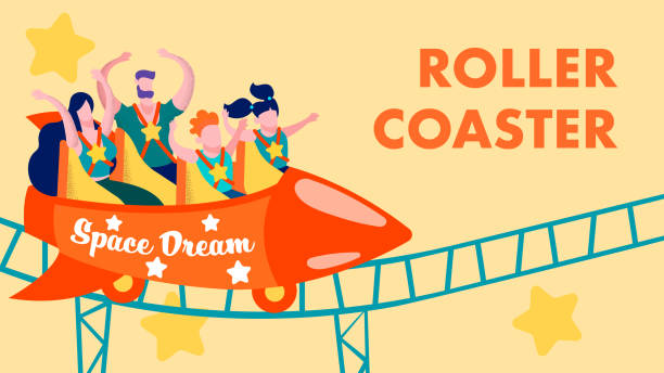 Cartoon Rollercoaster in Amusement Park Flat Card Cartoon Rollercoaster in Amusement Park Flat Invitation Card Happy Satisfied Family Riding on Roller Coaster Scary Space Dream Scared Funny Entertainment for Parents and Children Vector Illustration positive negative slide stock illustrations