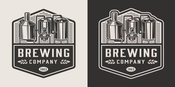 Vintage brewery monochrome logotype Vintage brewery monochrome logotype with brewing equipment isolated vector illustration brewery stock illustrations