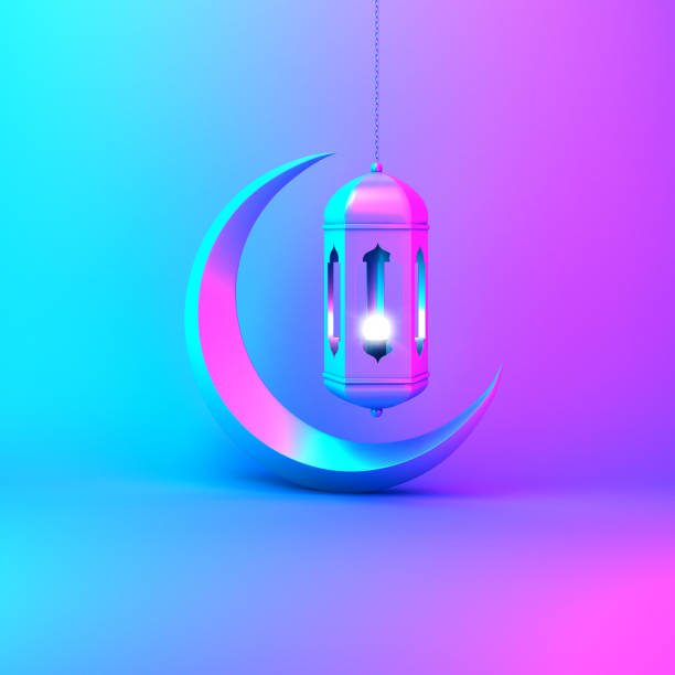istock Crescent moon and arabic hanging lamp on pink blue gradient background studio lighting. 1144048486
