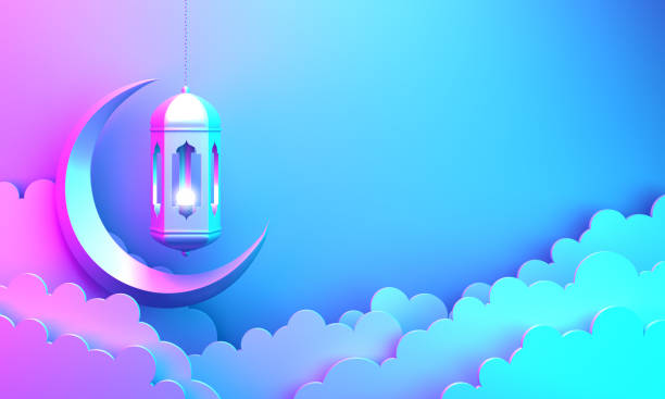 istock Crescent moon and arabic hanging lamp on pink blue gradient background studio lighting. 1144048505