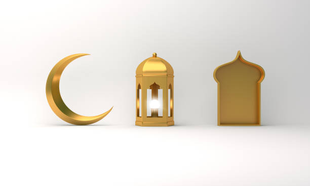 lanterne arabe or, croissant de lune, fenêtre sur fond blanc. - praying islam sacrifice mosque photos et images de collection