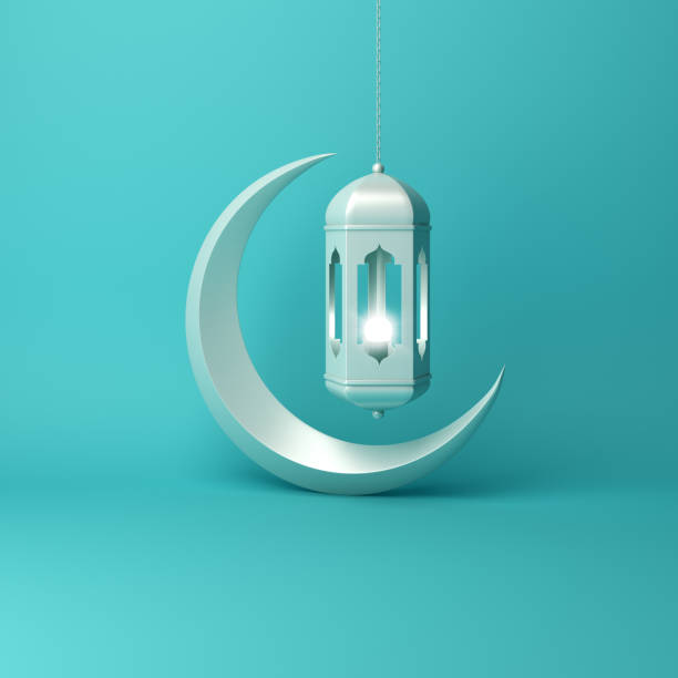 istock Crescent moon and arabic hanging lamp on blue pastel background studio lighting. 1144048898