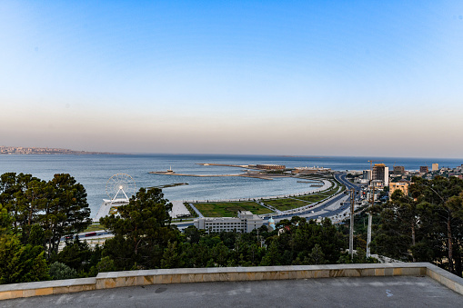 Skyline of the city of Baku, Azerbaijan at dusk.