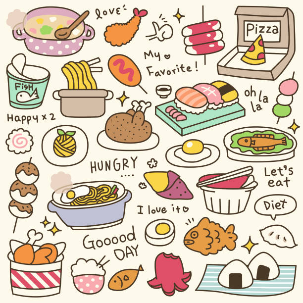illustrazioni stock, clip art, cartoni animati e icone di tendenza di set di pasto carino e doodle piatto - fish cakes illustrations
