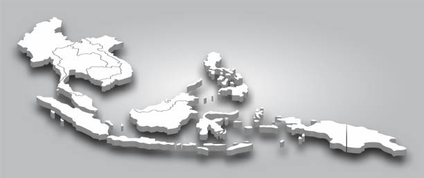 ilustrações, clipart, desenhos animados e ícones de mapa 3d do sudeste asiático com opinião de perspectiva no fundo cinzento do inclinação da cor. vetor. - map usa southeast cartography