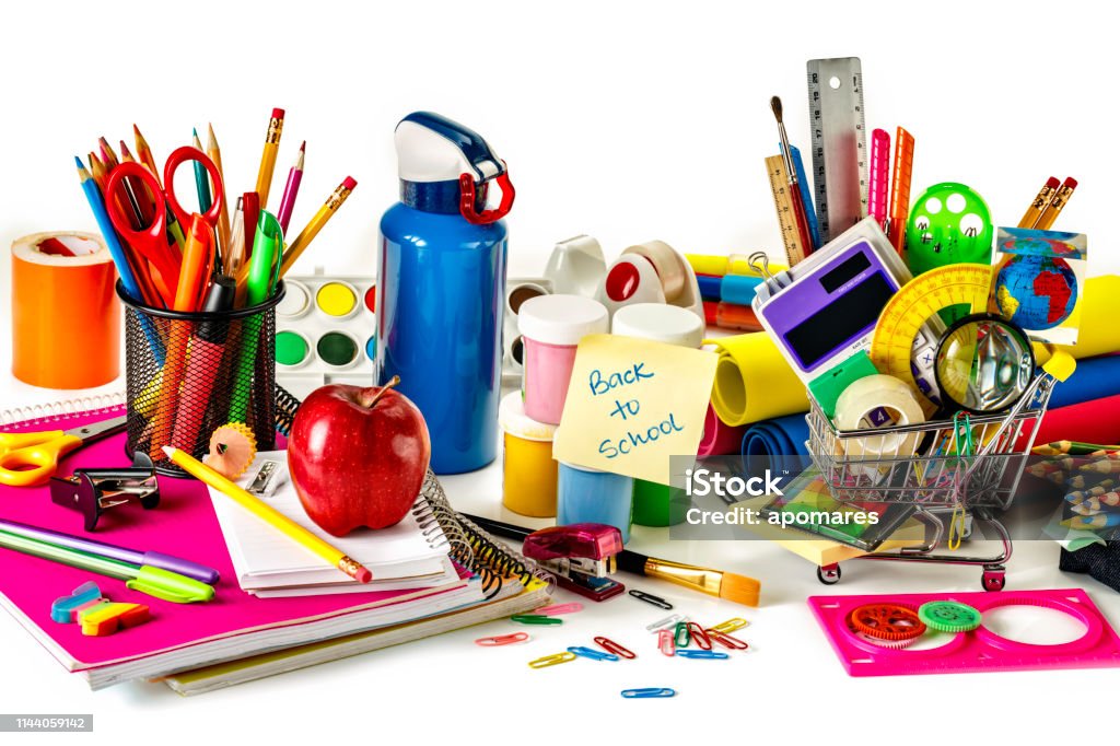 Level View Of Stationery And Back To School Office Supplies In A Miniature  Shopping Cart Stock Photo - Download Image Now - iStock