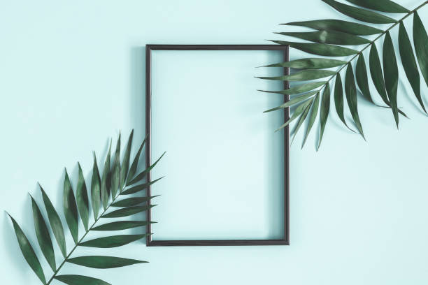 istock Summer composition. Tropical palm leaves, black photo frame on pastel blue background. Summer, nature concept. Flat lay, top view, copy space 1144060200