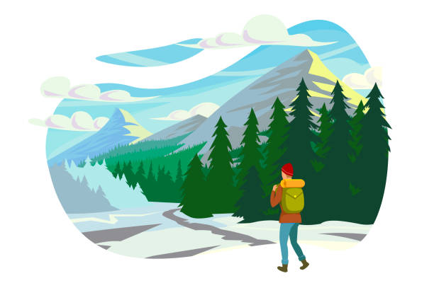 ilustrações, clipart, desenhos animados e ícones de homem novo liso com roupa e trouxa do inverno no desengate às montanhas. - men on top of climbing mountain